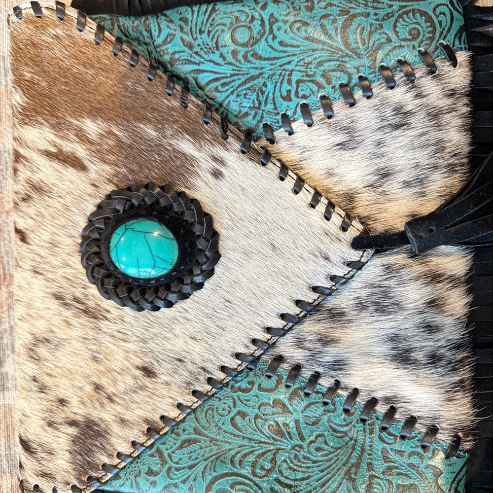 Turquoise Accent Cowhide Tooled Fringe Crossbody Bag - Picture 5 of 9